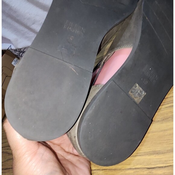 EILEEN FISHER Sz10 Taupe Leather Open Toe Elastic Sides Well Loved Flats Sandals - Picture 9 of 12